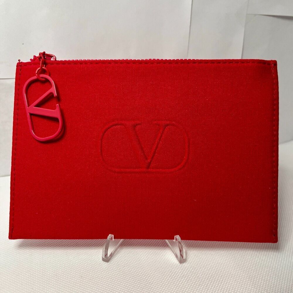 Valentino Red Zippered Beauty Pouch Clutch Logo Zipper Pull - Picture 1 of 4
